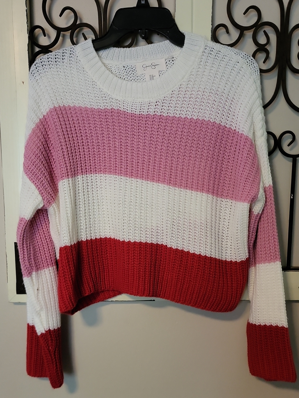 Jessica Simpson Pink White Red Striped Crewneck Sweater